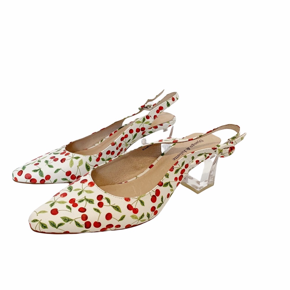 Cherry Print Slingback Heels - White/Red